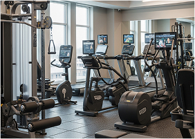 ジムのマシンが数台並んでいる写真