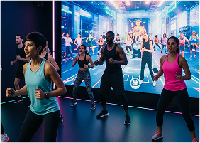 映像の前で男女が運動している写真